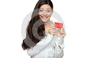 Showing woman presenting blank gift card sign