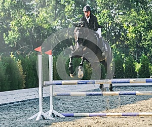 Showjumping competition, bay horse and rider in black uniform performing jump over the bridle.