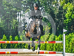 Showjumping competition, bay horse and rider in black uniform performing jump over the bridle.