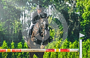 Showjumping competition, bay horse and rider in black uniform performing jump over the bridle.