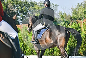 Showjumping competition, bay horse and rider in black uniform performing jump over the bridle.