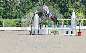 Showjumping competition, bay horse and rider in white uniform performing jump over the bridle.