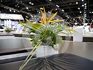 Showroom desk with flowers at the annual International auto-show, February 9, 2019 in Chicago, IL
