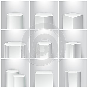 Showroom geometrical product empty base podium platform stage pillars vector illustration