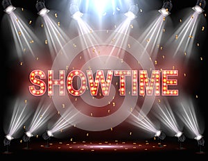 Showtime background illuminated by spotlights