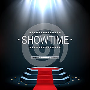 Showtime banner with podium and red carpet illuminated by spotlights