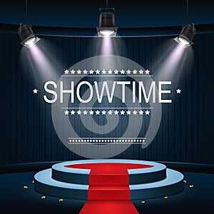 Showtime banner with podium and red carpet illuminated by spotlights