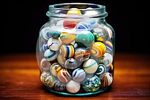 showy marbles of different patterns inside a clear glass jar