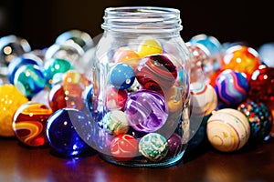 showy marbles of different patterns inside a clear glass jar