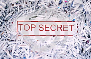 Shred, top secret or words on paper, document or confidential report to clear page or evidence in waste. Destruction