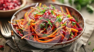 Shredded carrots beets and pomegranate seeds tossed in a tangy antioxidantrich dressing creating a flavorful and photo