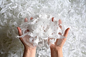 Shredded paper heap in hands, top view of many white strips