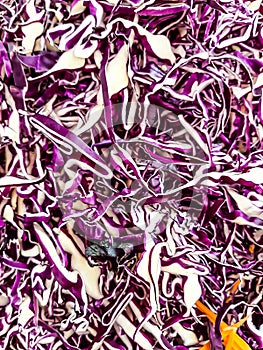 Shredded raw red cabbage as an abstract background texture