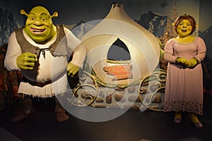 Shrek & Fiona wax statue at Madame Tussauds Wax Museum at ICON Park in Orlando, Florida