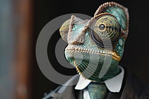 Shrewd Anthropomorphic chameleon businessman. Generate Ai