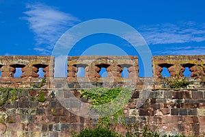 Shrewsbury castle wall ramparts with blue sky