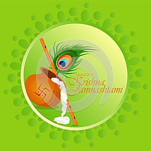 Shri Krishna Janmashtami means Birthday of Lord Krishna. Musical instrument bansuri and peacock feather. Holy cow