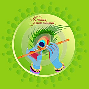 Shri Krishna Janmashtami means Birthday of Lord Krishna. Musical instrument bansuri and peacock feather. Holy cow