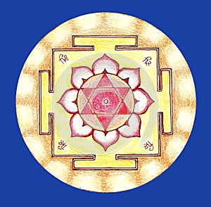 Shri Lakshmi yantra. hand drawing, colour. Breathable yantra, sacred diagram, dark blue background