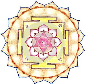 Shri Lakshmi yantra. hand drawing, colour. Breathable yantra, sacred diagram, white background