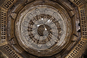 Shri Mahaveer Jain temple, heavily decorated ceiling of central hall, inside Golden Fort, Jaisalmer, Rajasthan, India