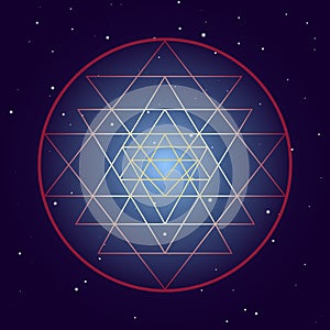 Shri Yantra chakra symbol, cosmic mystical diagram with stars on dark background. Sacred geometry illustration