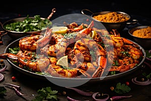 Shrimp on a background of seafood Tikka, grilled photo
