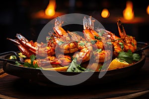 Shrimp on a background of seafood Tikka, grilled photo