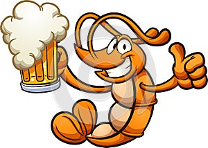 Happy cartoon shrimp holding a beer