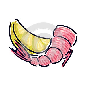 Shrimp cooked seafood icon vector. Shrimp food with lemon vector. Prawn food icon isolated on a white background. One