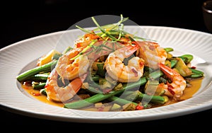 Shrimp dish with spring beans on a white plate on a black background