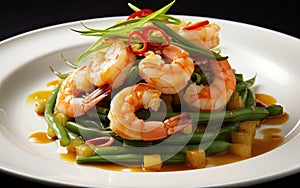 Shrimp dish with spring beans on a white plate on a black background