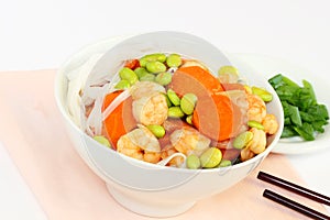 Shrimp and edamame stir fry loaded with lots of vegetables