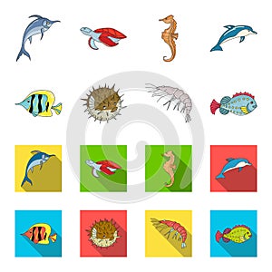Shrimp, fish, hedgehog and other species.Sea animals set collection icons in cartoon,flat style vector symbol stock