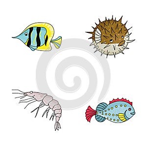 Shrimp, fish, hedgehog and other species.Sea animals set collection icons in cartoon style vector symbol stock