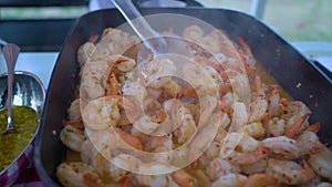 Shrimp fried in a pan