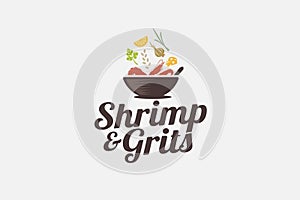 shrimp and grits logo with a combination of a bowl, shrimps, spices, and beautiful lettering.