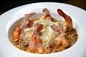 Shrimp and Grits in White Bowl