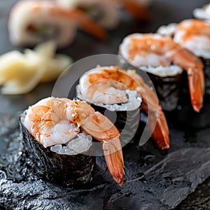 Shrimp Hosomaki Sushi, Small Maki Sushi Rolls with Rice, King Prawn and Nori on Natural Black Slate photo