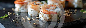 Shrimp Hosomaki Sushi, Small Maki Sushi Rolls with Rice, King Prawn and Nori on Natural Black Slate photo