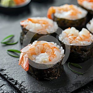 Shrimp Hosomaki Sushi, Small Maki Sushi Rolls with Rice, King Prawn and Nori on Natural Black Slate