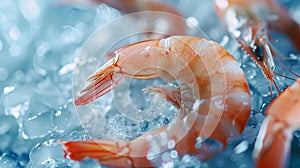 Shrimp in ice on blue background
