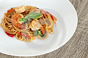 Shrimp Keemao Spaghetti on a White Plate, Thai Fusion Food