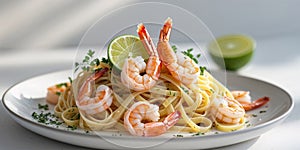 Shrimp Linguine Pasta Dish with Lime and Fresh Herbs Close Up