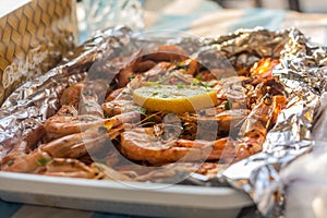 Shrimp meal in a restaurant at Al Mina Market in Abu Dhabi, United Arab Emirate