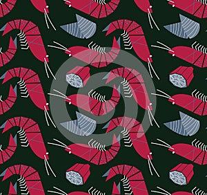 Shrimp, mussels and lemon seamless pattern