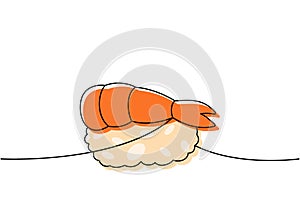 Shrimp nigiri, ebi sushi one line colored continuous drawing. Japanese cuisine, traditional food continuous one line