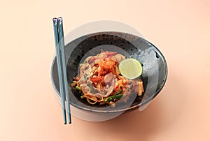 Shrimp Pad Thai on Ceramic Bowl, Thai Rice Noodle Dish