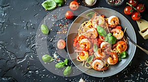 Shrimp Pasta Elegance in Tomato-Garlic Sauce. Dark food photography