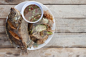 Shrimp Paste Chili Sauce, Fried tilapia and Eggplant wattle omelettes.